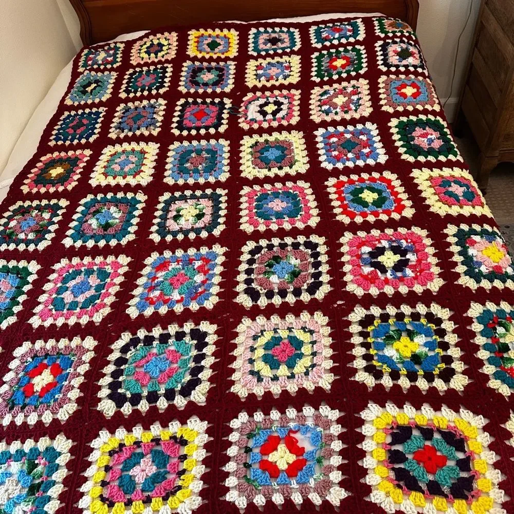 Vintage Crochet Granny Square Blanket 64X78 Afghan Cottagecore Boho Roseanne